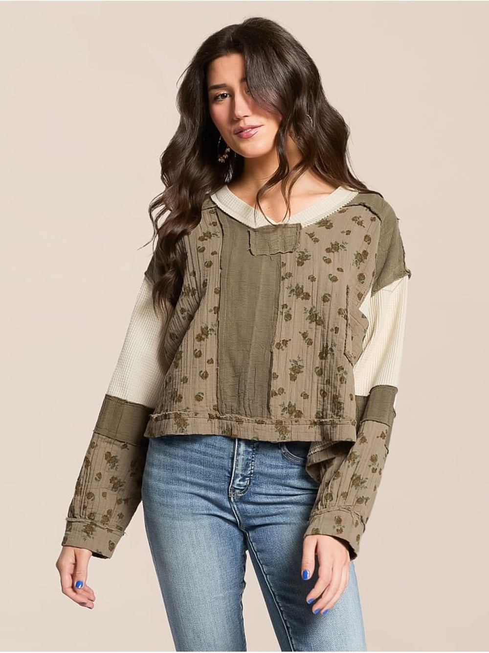 Olive Patchwork Floral Mixed-Media Pullover